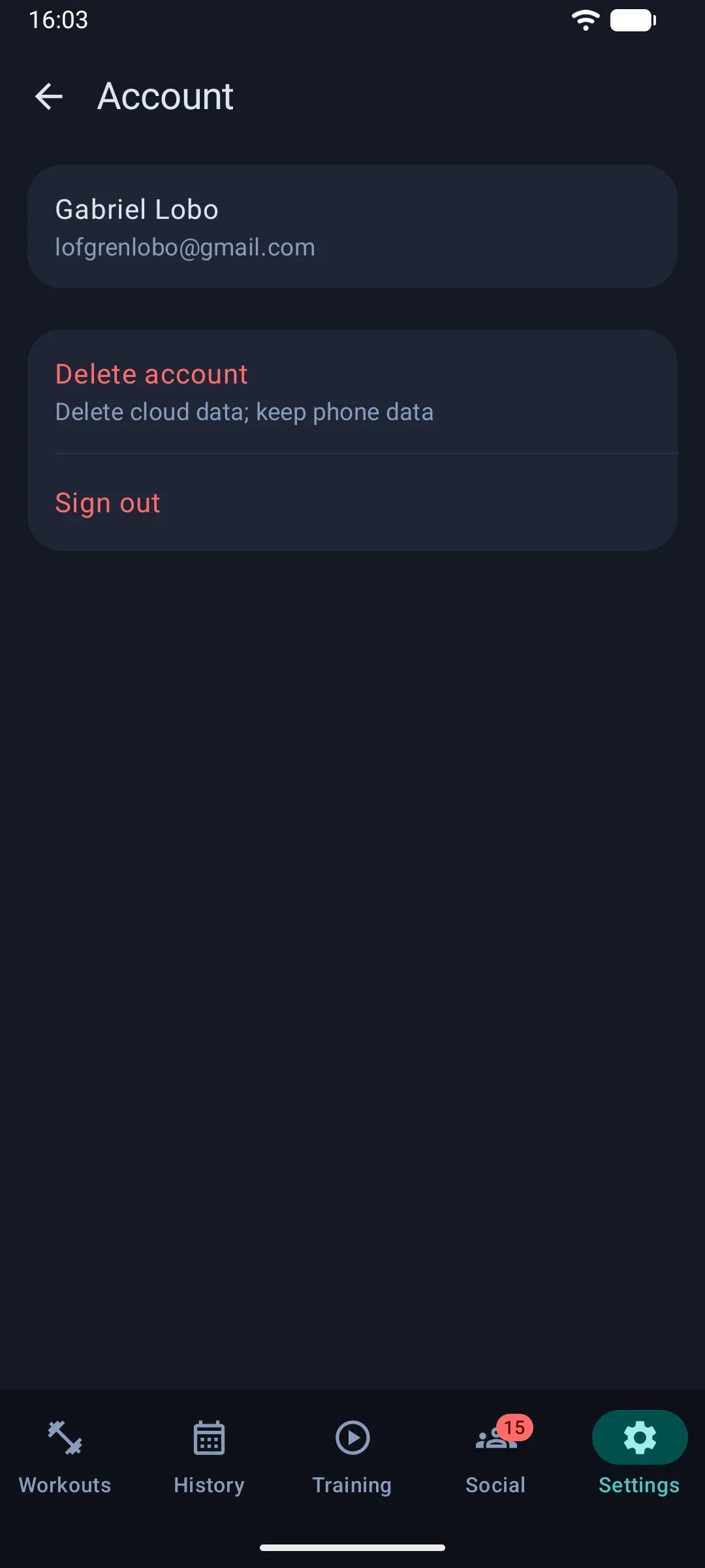 Account settings screen (Android)
