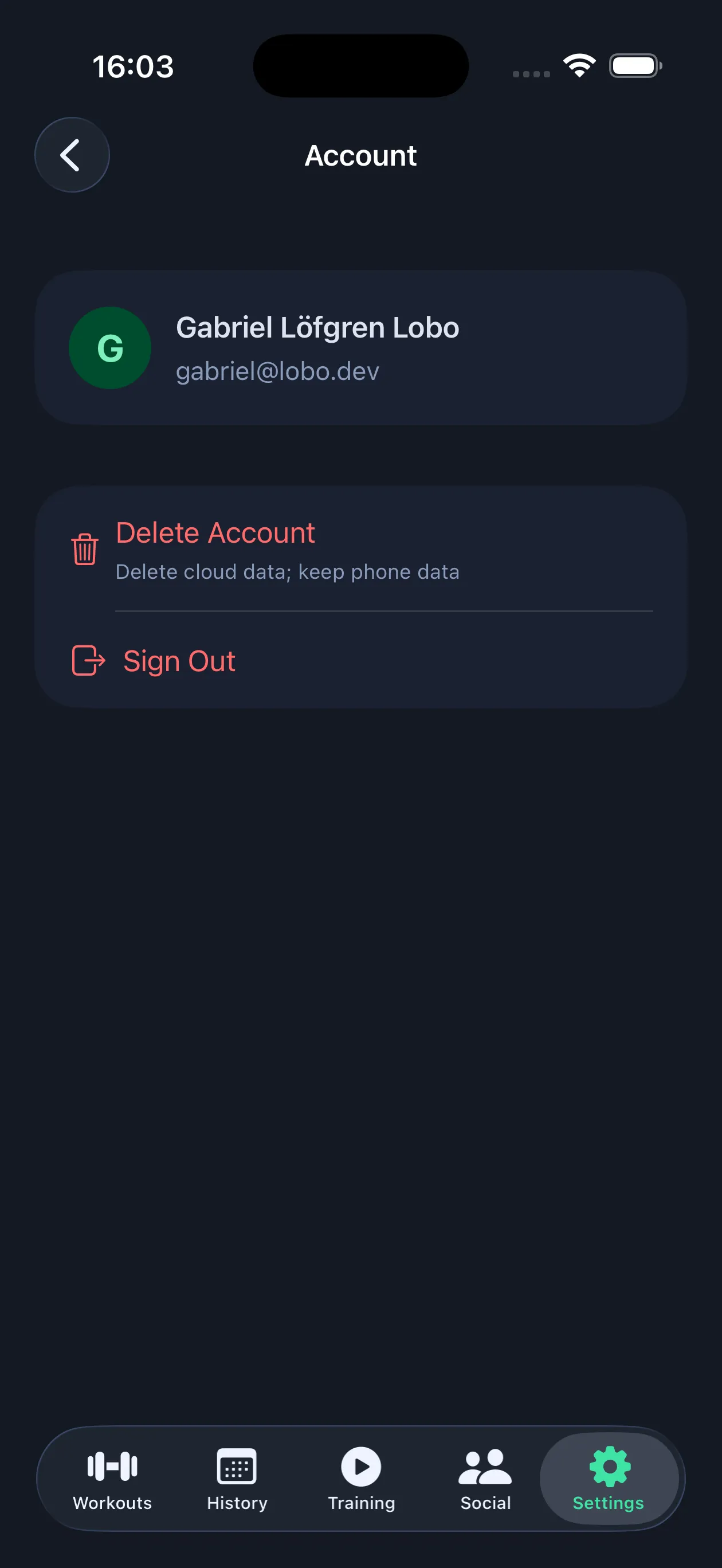 Account settings screen (iOS)