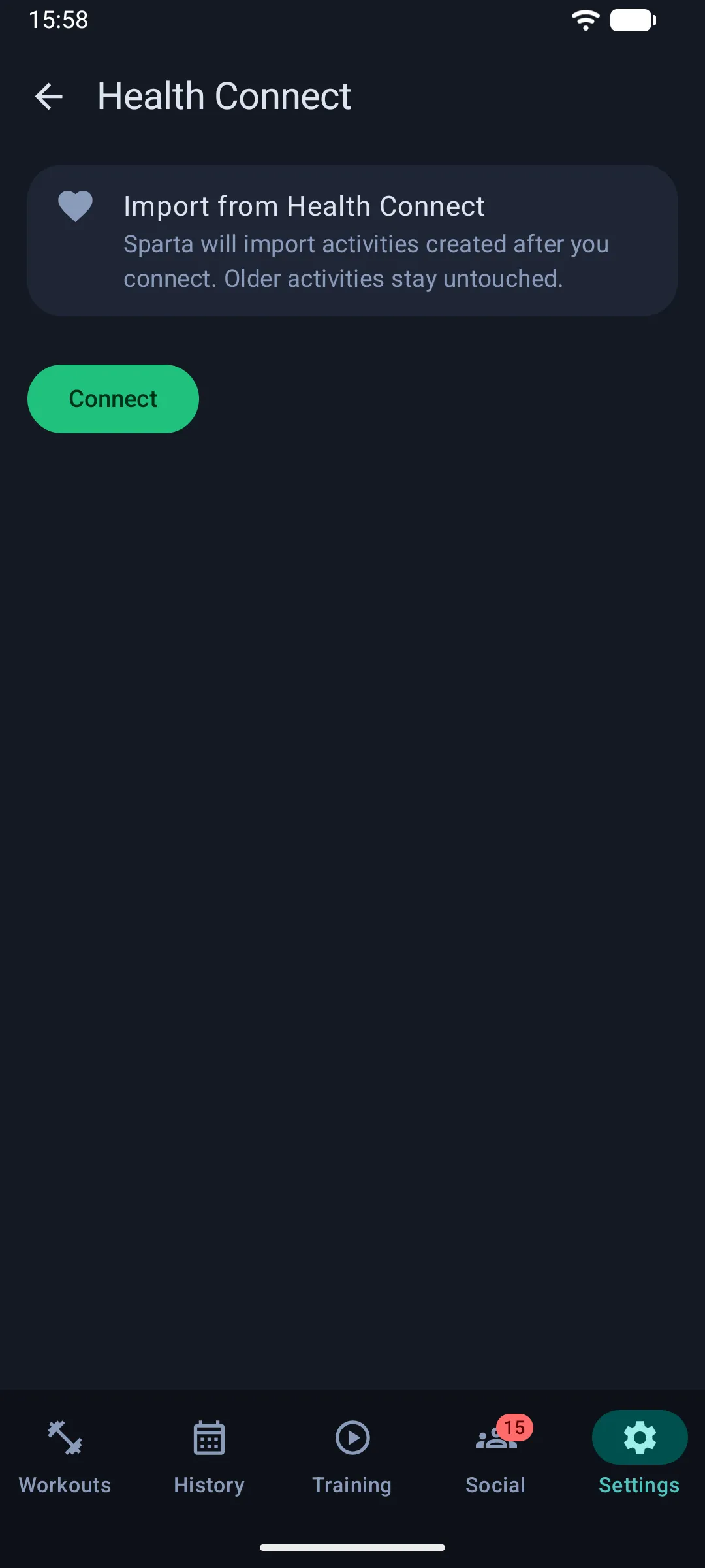 The Apple Health screen in Sparta settings with a Connect button (Android)