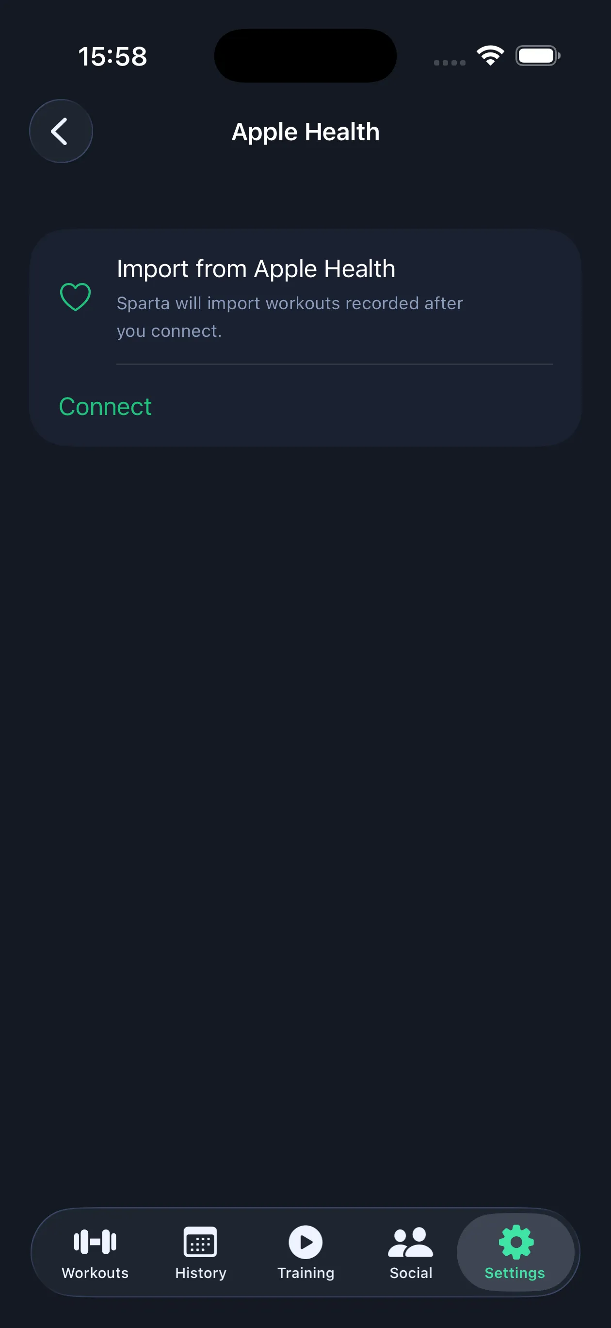 The Apple Health screen in Sparta settings with a Connect button (iOS)