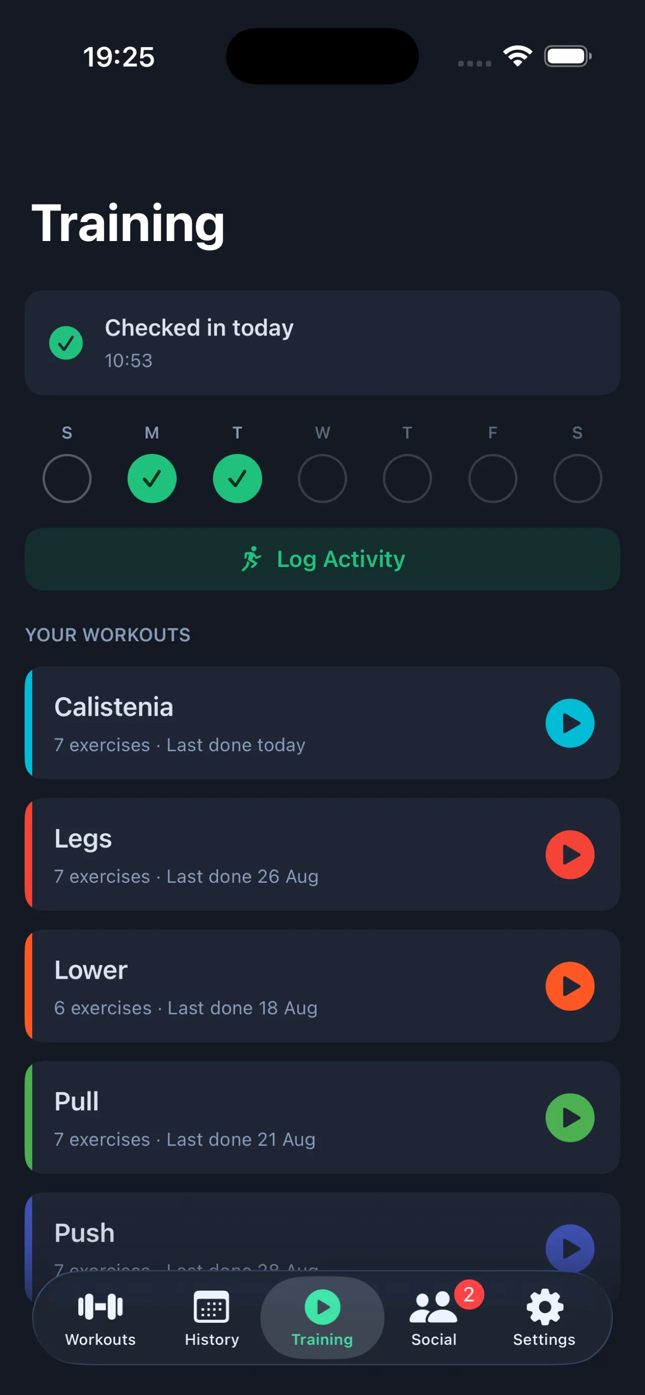 Sparta Fitness Training tab with today's check-in and your workouts