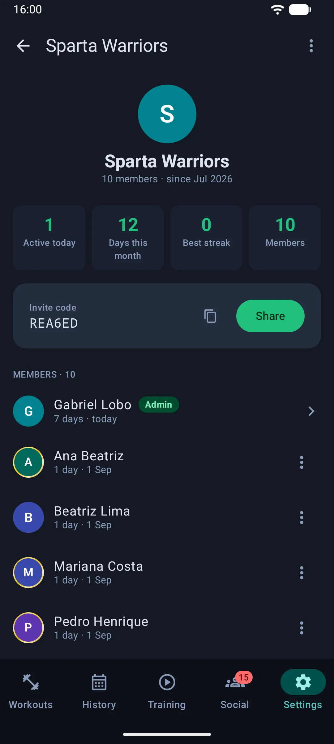 A group page with its invite code, stats and member list (Android)