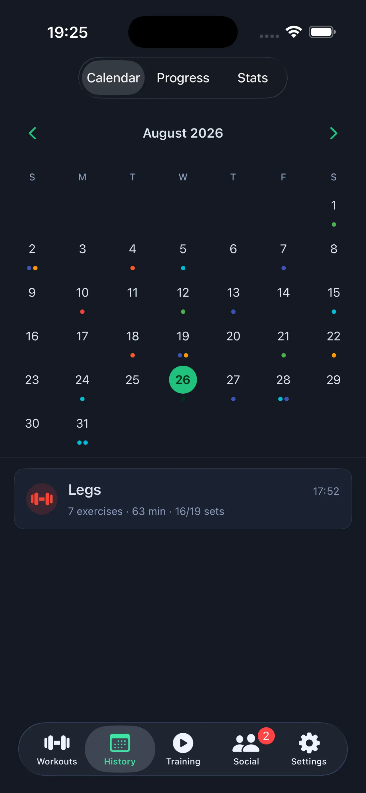 History calendar with colored dots on active days (iOS)