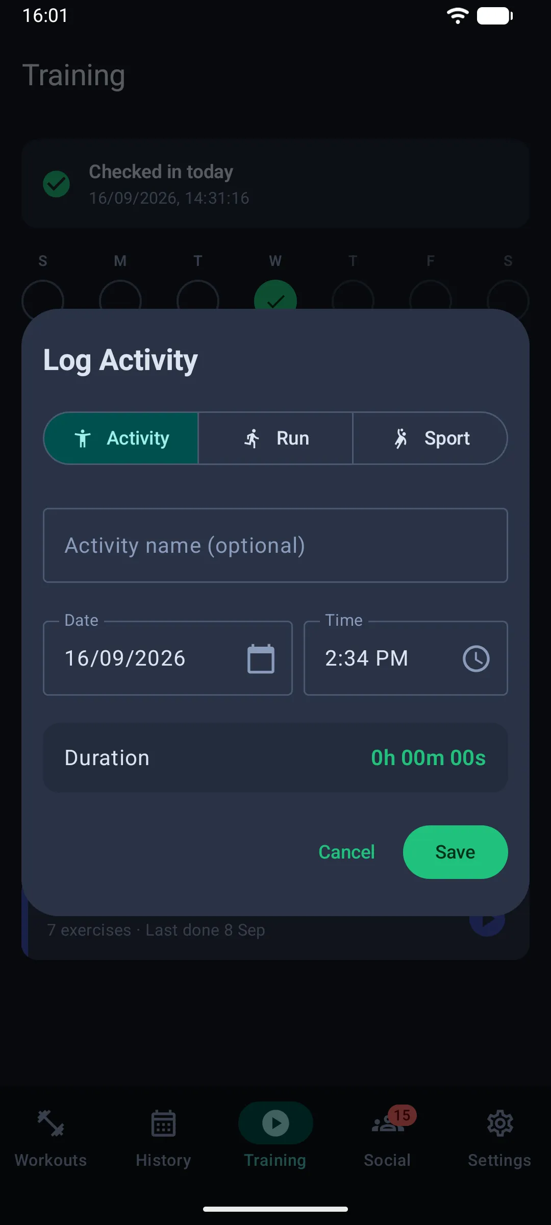 The Log Activity dialog showing type and date options (Android)