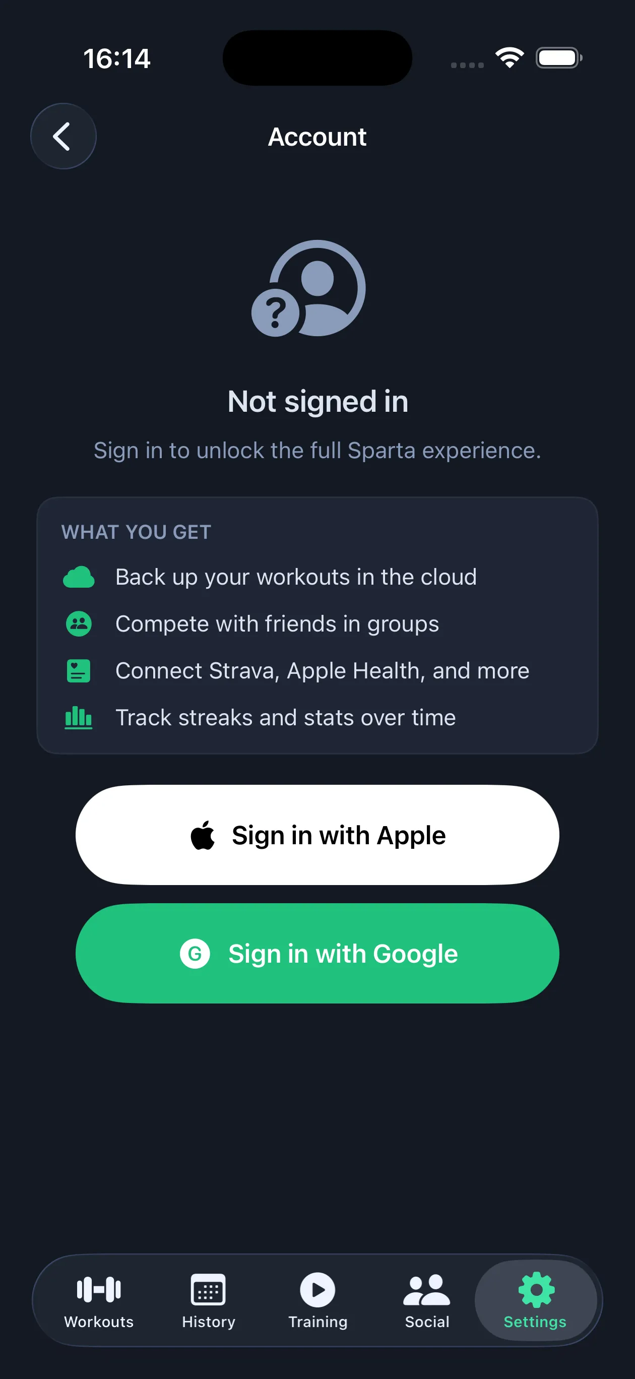 The Account screen when signed out, with Sign in with Apple and Sign in with Google buttons (iOS)