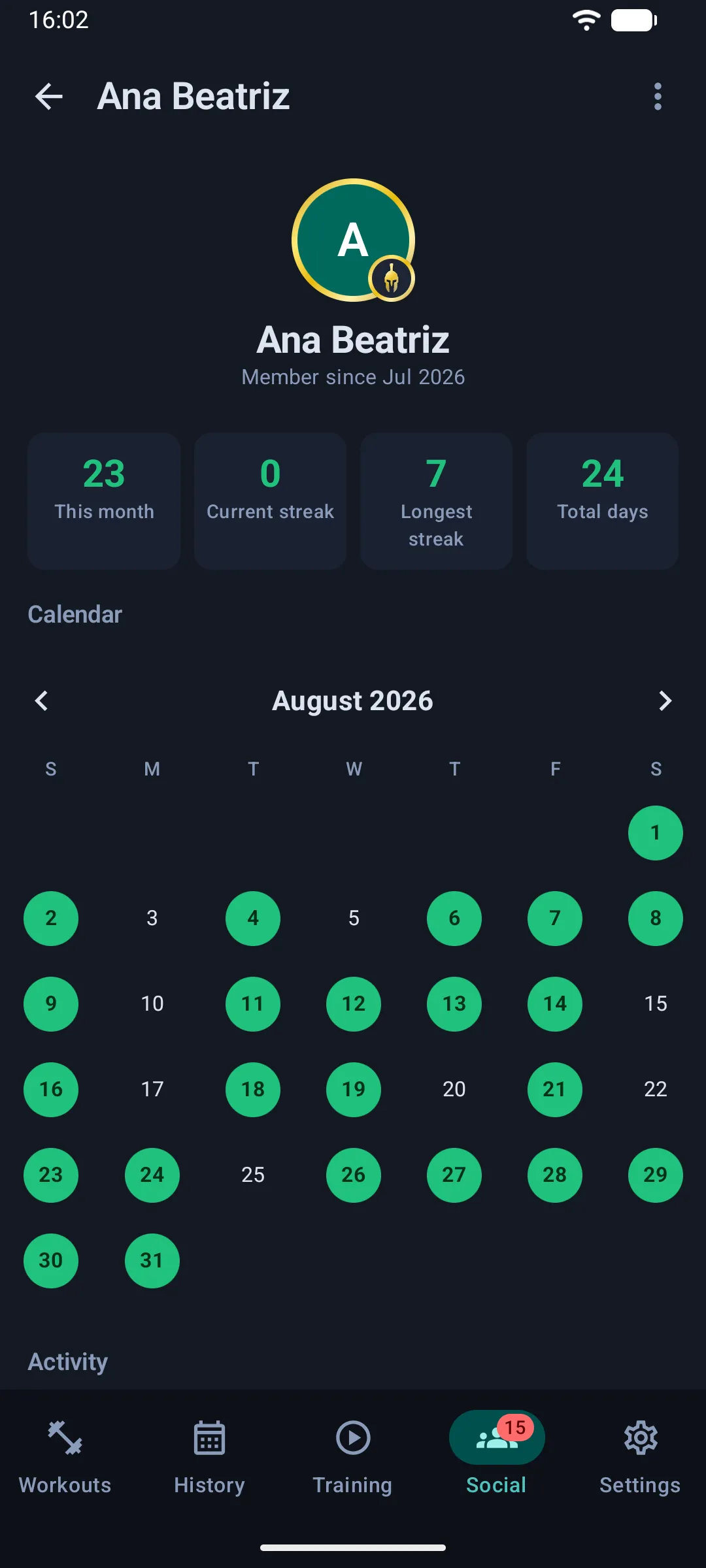 A member profile showing this month's days, current streak, longest streak and total days (Android)