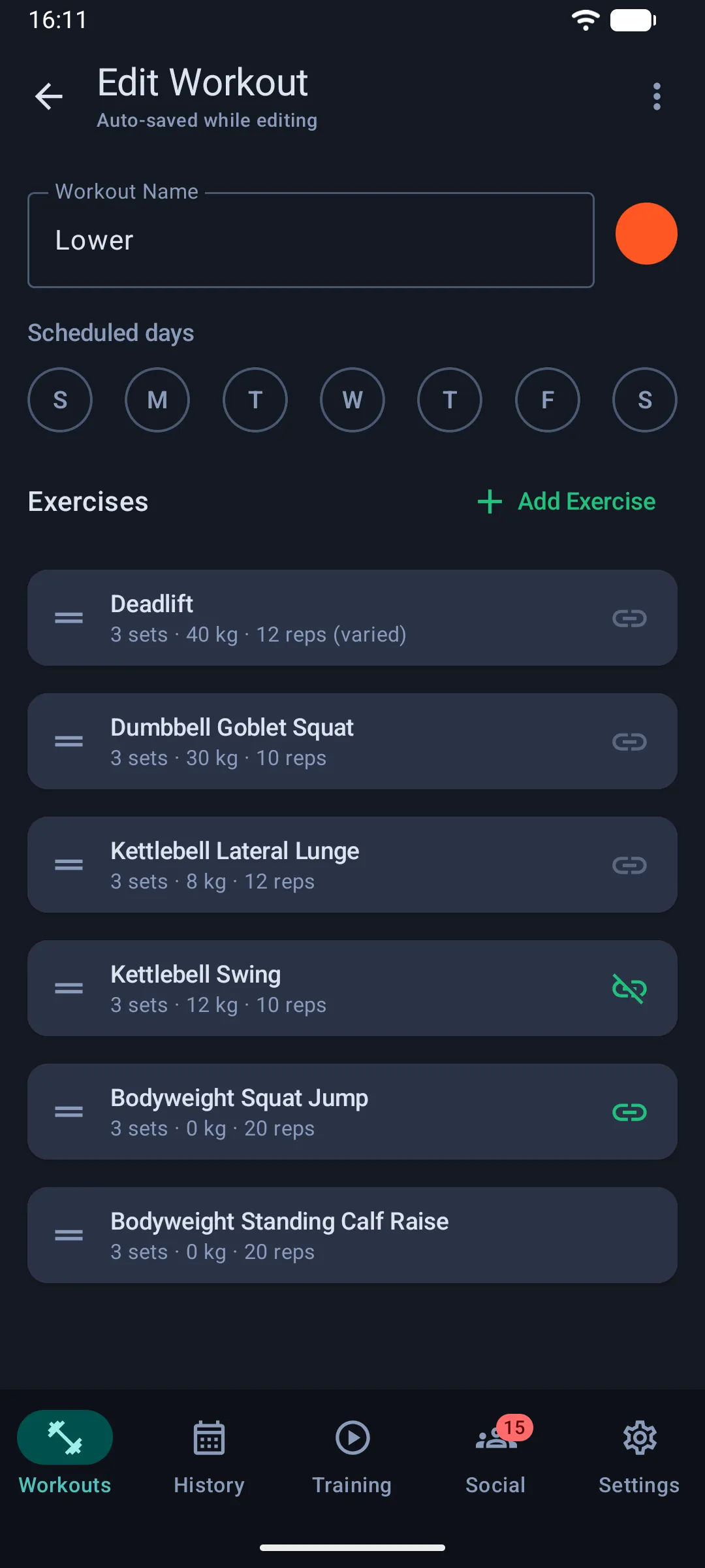 A pair of exercises grouped as a superset in the workout editor (Android)