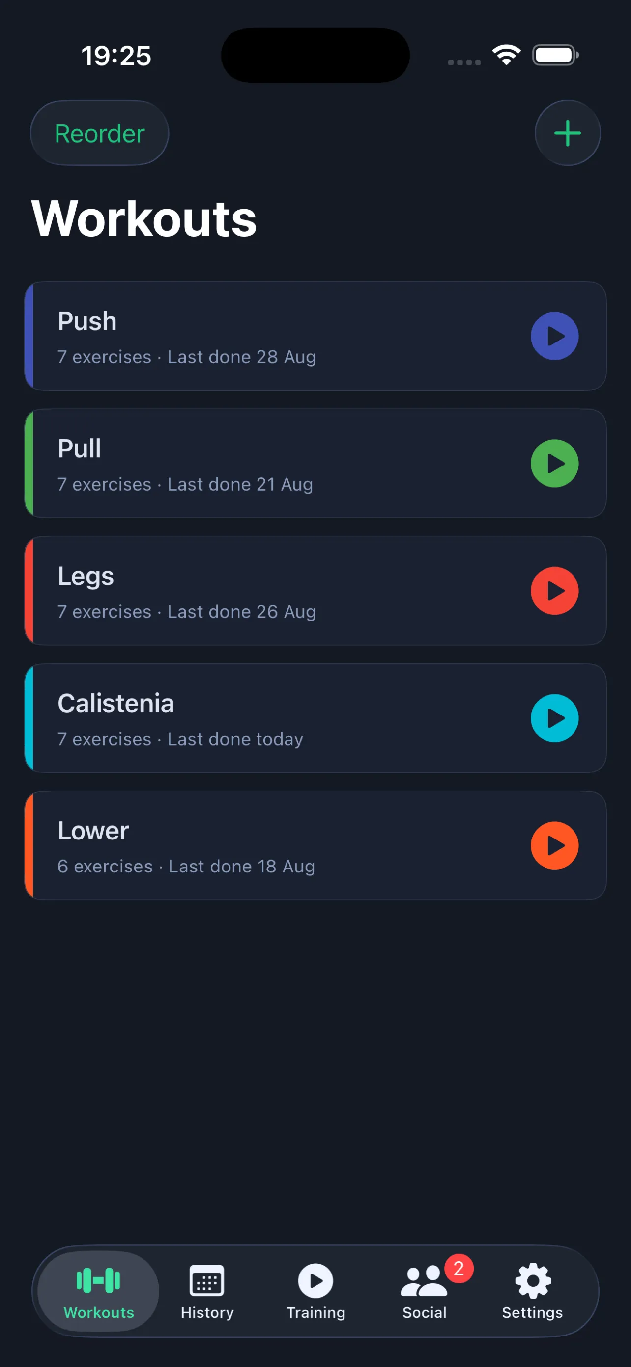 Workouts tab listing workout templates